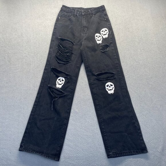 Romwe Grundge Gothic Black Skull Jeans Size Small,Y2K,Teens,High‎ Rise - Picture 15 of 15